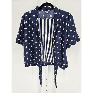 Vtg 1980s Leslie Fay Womens Sz M Short Sleeve Blouse Blue White Dot Striped